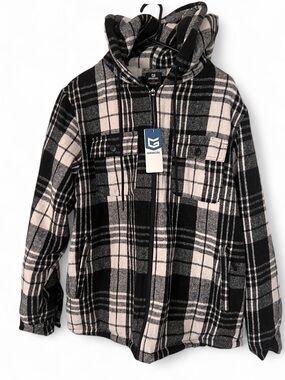 Unisex Black & Cream Plaid Hooded Zip Shirt Jacket
